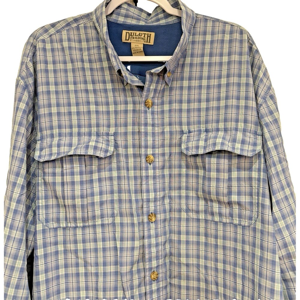 Duluth Trading Co Shirt Mens 2XL Fishing Blue Plaid Long Sleeve Pockets Outdoor - Picture 6 of 12